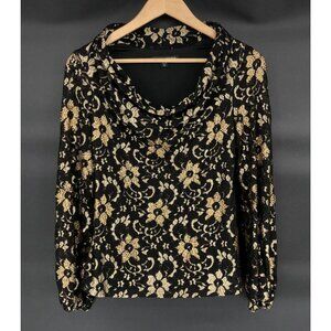 Boston Proper Embellished Cowl Neck Lace Top XS Floral Sheer Sleeves Old Money